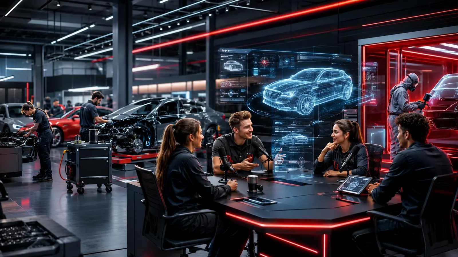 Illustration: Team am Tisch in einer Werkstatt, über dem Tisch ein Fahrzeug als Hologramm