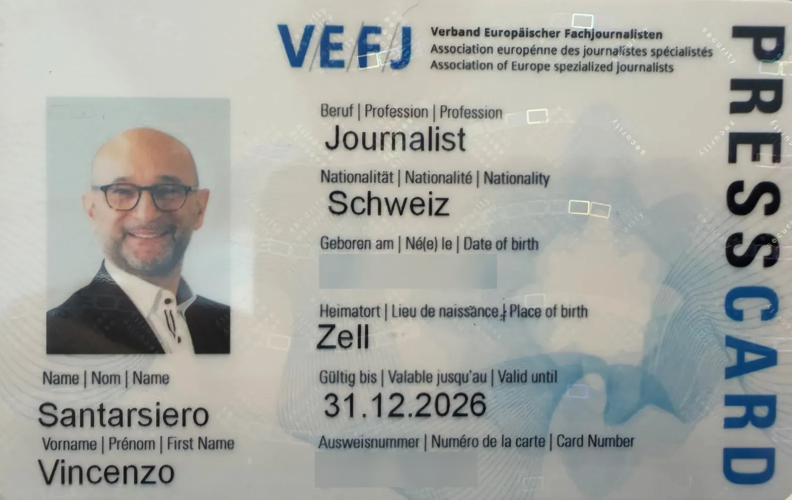 Presseausweis des Verbands Europäischer Fachjournalisten (VEFJ) für Vincenzo Santarsiero, Beruf Journalist, gültig bis 31.12.2026